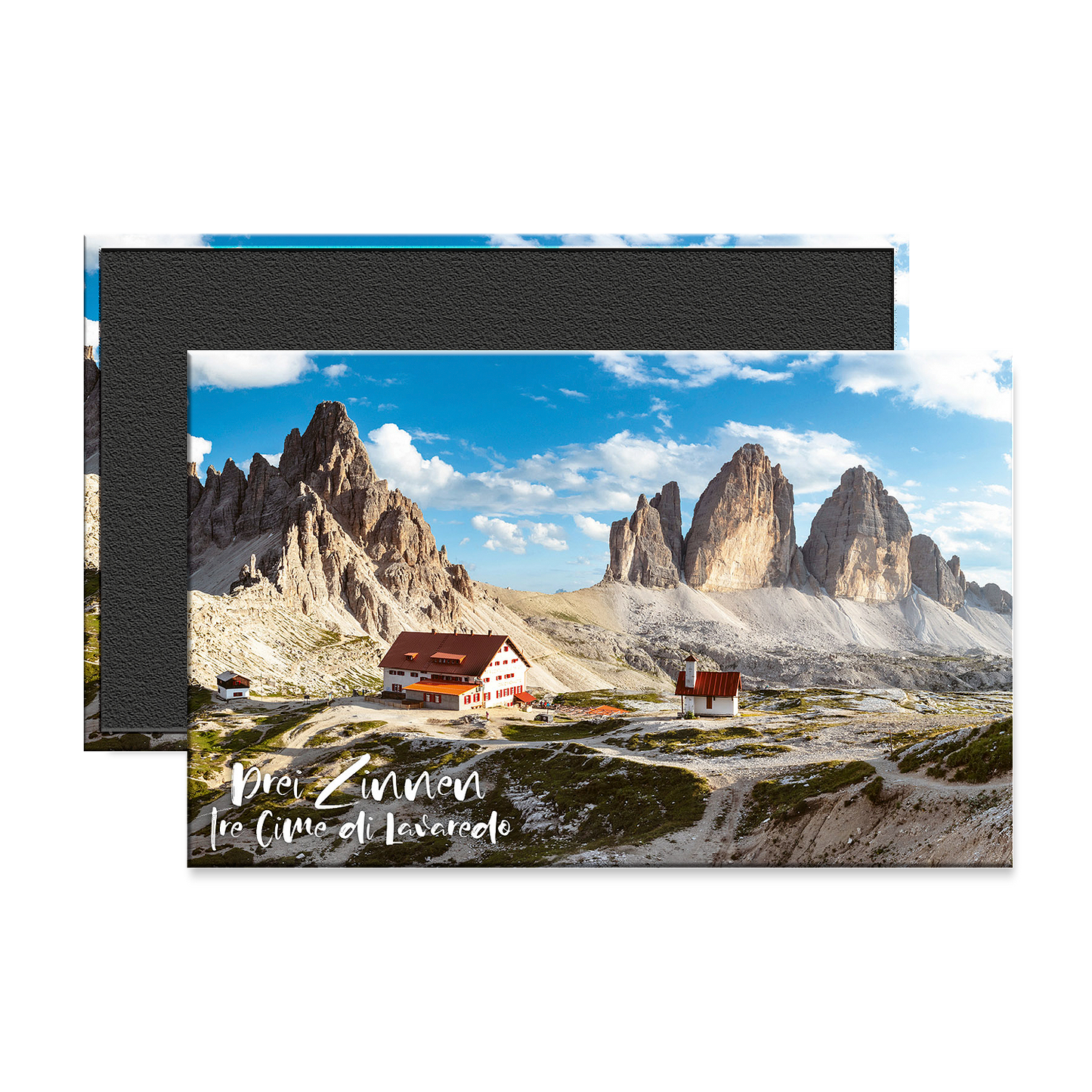 Calamita Tre Cime di Lavaredo con Rifugio Locatelli, Monte Paterno e panoramica delle Dolomiti, Trentino-Alto Adige, fotografia di Olimpio Fantuz / SIMEBOOKS