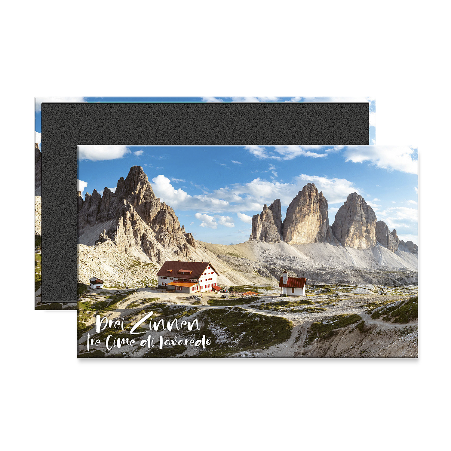 Calamita Tre Cime di Lavaredo con Rifugio Locatelli, Monte Paterno e panoramica delle Dolomiti, Trentino-Alto Adige, fotografia di Olimpio Fantuz / SIMEBOOKS